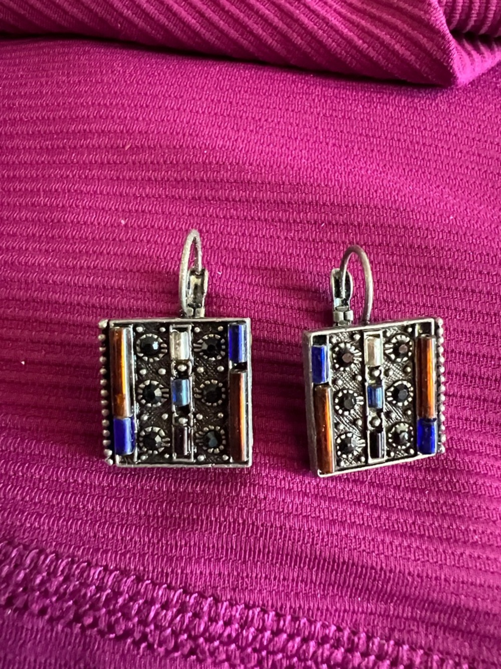 Handcrafted Geometric Silver-Tone Earrings with Blue and Brown Accents